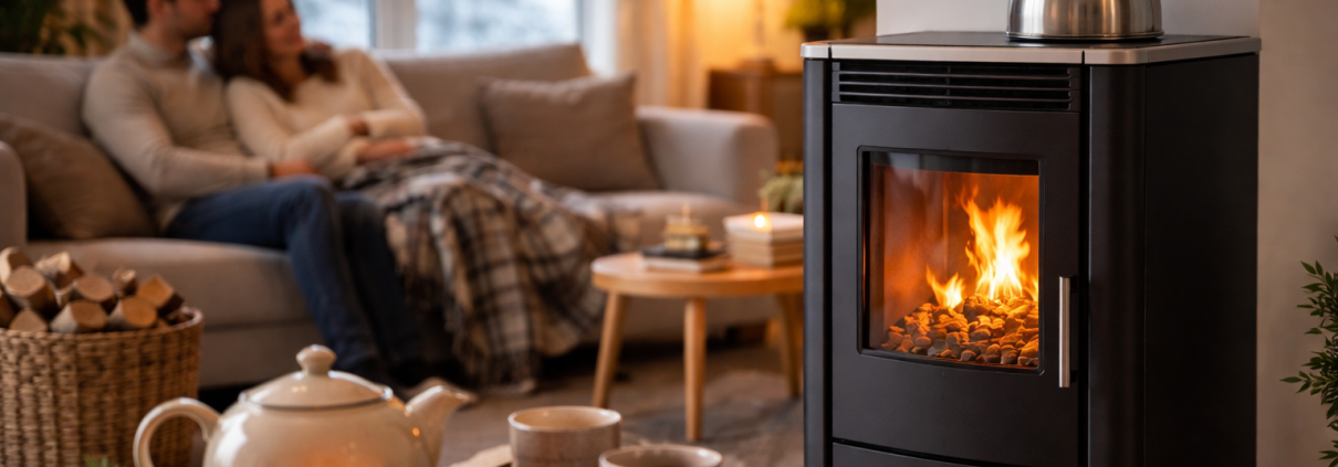 bouilloire posée sur un poêle à pellets dans un salon chaleureux