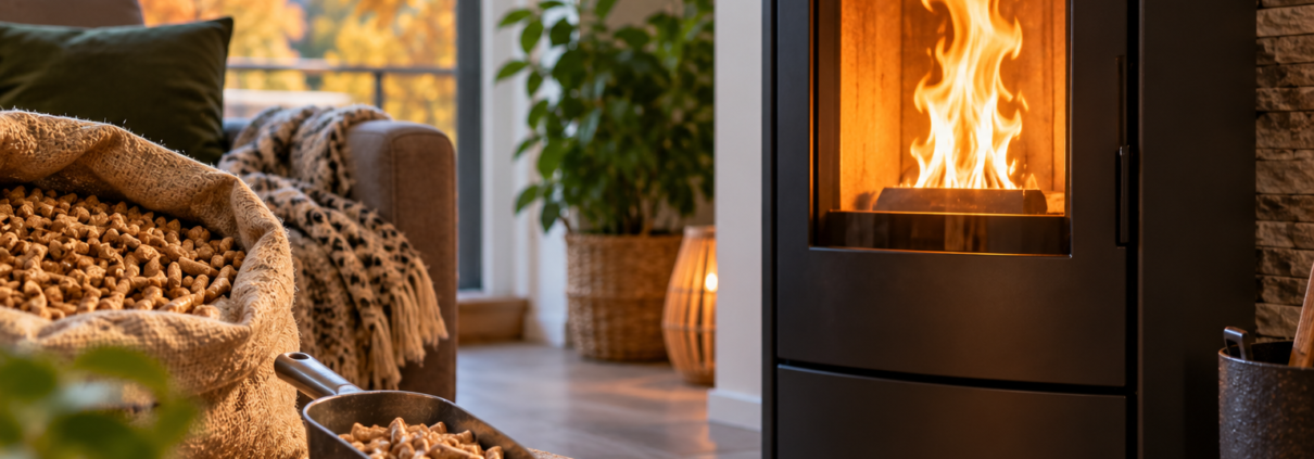 Poêle à pellets en fonctionnement avec flamme visible et granulés de bois au premier plan