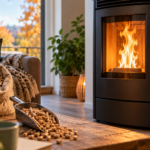 Poêle à pellets en fonctionnement avec flamme visible et granulés de bois au premier plan